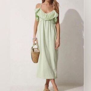 Zara Lime Green Eyelet Empire Waist Maxi Dress Size Small